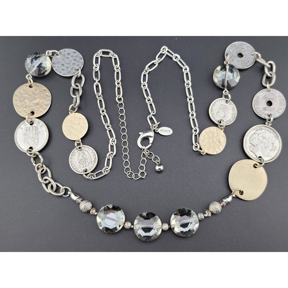 Signed Chico's Glass Chunky Crystal Faux World Coin Silver Plated 38" Necklace